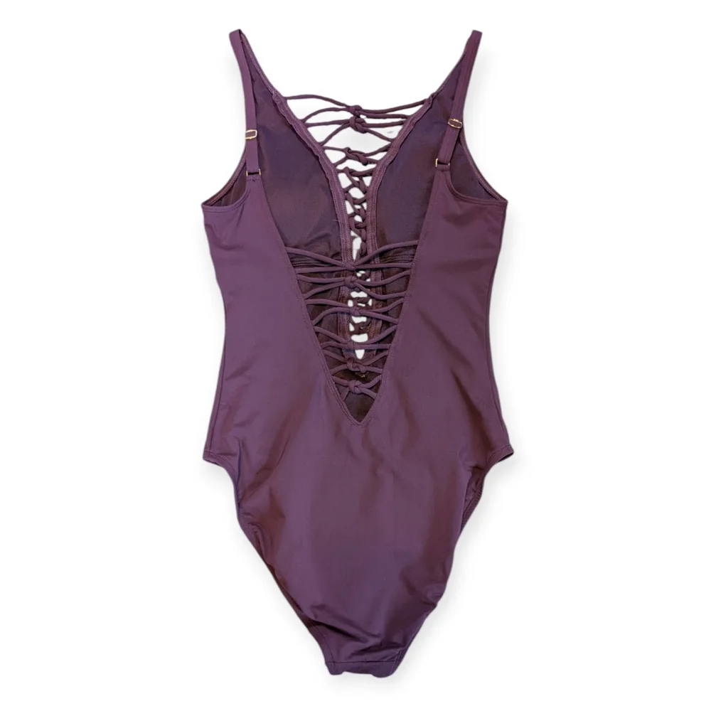 Bleu Rod Beattie Knotty But Nice Lace Down One Piece Swimsuit Plum Purple Swim - Picture 2 of 9